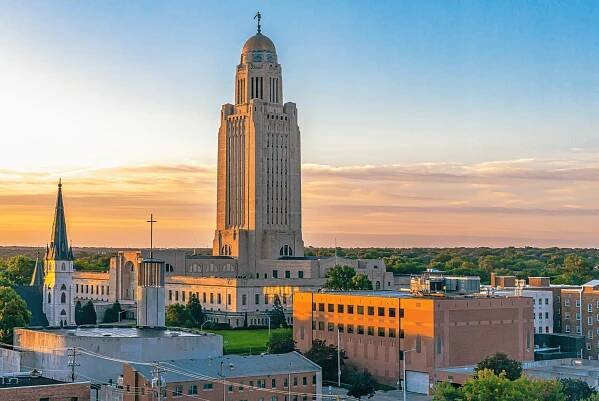 The State Capitol Building in Lincoln, Nebraska, during sunset. 