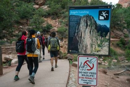 Sign at Angels Landing about feeding wildlife // Planning a trip to busy and popular National Park? Here are tips and tricks to beat the crowds and have an enjoyable visit in overcrowded National Parks.