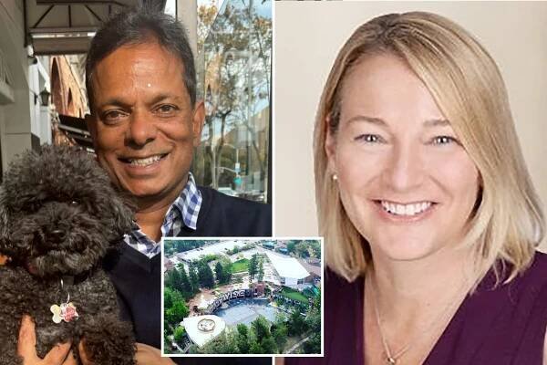 OESIS President Sanje Ratnavale posing with dog at left; center inset of Wise School in LA, seen from overhead; at right, NAIS President Debra Wilson