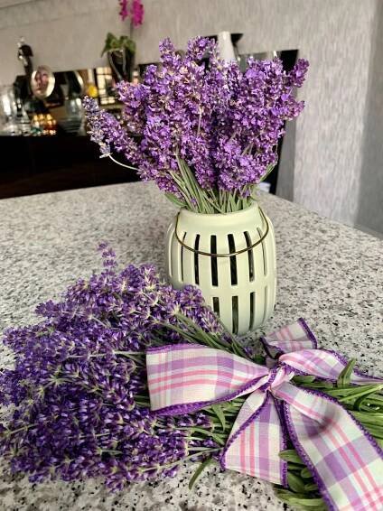 lavender flowers in a vase with a bow on the counter top next to it,