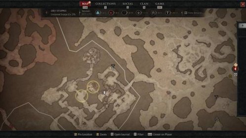 A map of the Dry Steppes in Sanctuary showing the 24th Altar of Lilith in Diablo 4