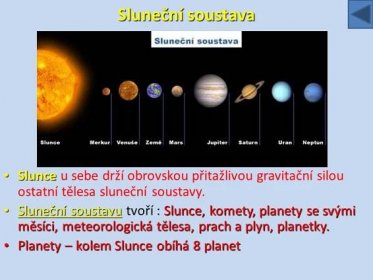 Sluneční soustavu tvoří : Slunce, komety, planety se svými měsíci, meteorologická tělesa, prach a plyn, planetky. Planety – kolem Slunce obíhá 8 planet.