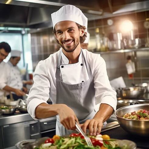 Professional chef cooking in a commercial kitchen