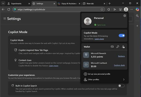 Copilot mode in Microsoft Edge