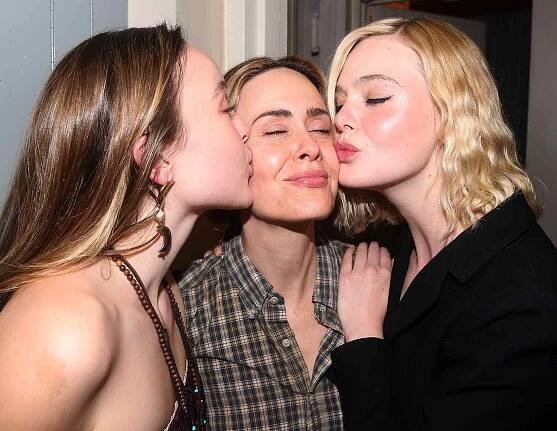 Ella Beatty, Sarah Paulson and Elle Fanning pose backstage at the hit play "Appropriate" on Broadway at The Belasco Theatre