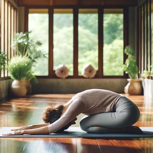žena v jóga pozici dítěte balasana