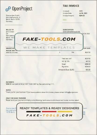 Germany OpenProject leading open source project management software invoice template in Word and PDF format, fully editable