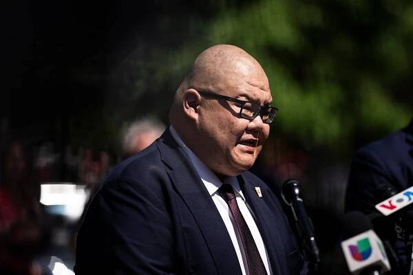 Trump press secretary Steven Cheung speaks to reporters May 28 in New York. (Jabin Botsford/The Washington Post)