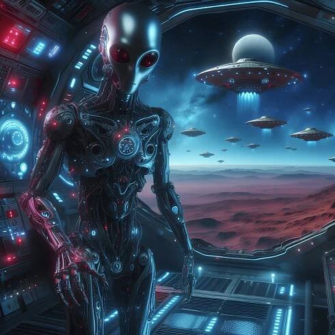 Bezplatný obrázok: Sci-fi humanoidný mimozemšťan, kyborg-robot vo vesmírnej lodi