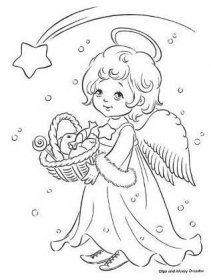 Omalovánka anděla s košíkem plných sladkostí a jablek s kometou nad hlavou