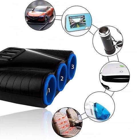 12-24V 3cestný rozbočovač zásuvek do autozapalovače Napájecí adaptér USB nabíječky