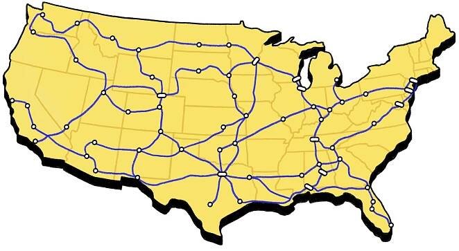 An illustrated map of the continental United States with proposed map of high speed rail  network superimposed on top. 
