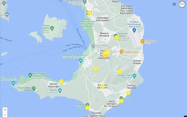 This is an image of a google map showing the location of Pyrgos Santorini in Greece as well as places to visit close to Pyrgos on the island of Santorini.