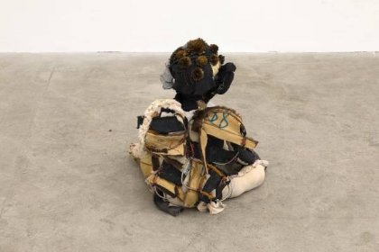 Baby bumblebee (for the betterment of us all please remember your smallness)	2018. Hand sewn fabrics, furs and leathers, hand carved plaster, acrylic paint, wire, stones, dried flowers, concrete, glass ball, salt and pepper shakers, cotton batting. 16 x 18 x 18 in (40.64 x 45.72 x 45.72 cm).
