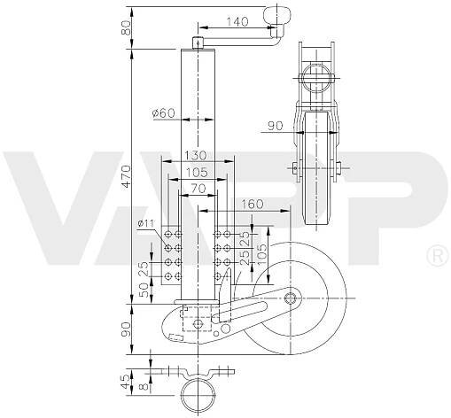 Kolečko opěrné automat Winterhoff VK 60-KH-200 VBB 250 kg, plochá příruba (1)