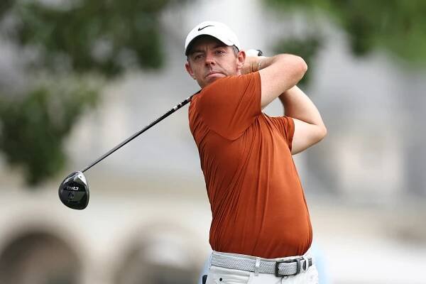 Rory McIlroy of Northern Ireland hits a tee shot on the 15th hole during the second round of the PGA Championship at Quail Hollow Country Club on May 16, 2025 i