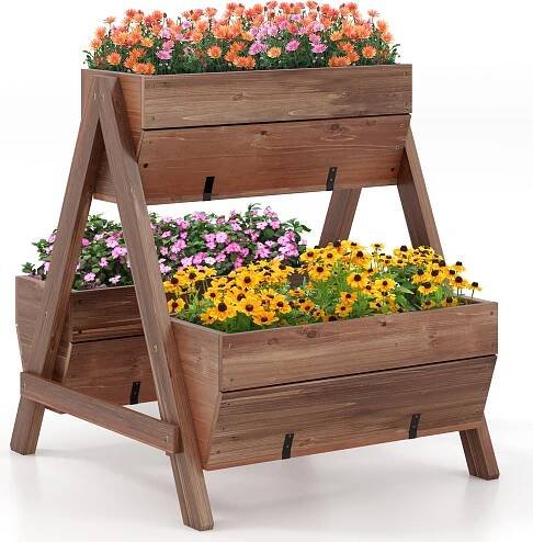 Vertikální vyvýšený záhon COSTWAY se 2 patry, 3 dřevěné truhlíky, drenážní otvory, stojan na rostliny 66x73x73cm