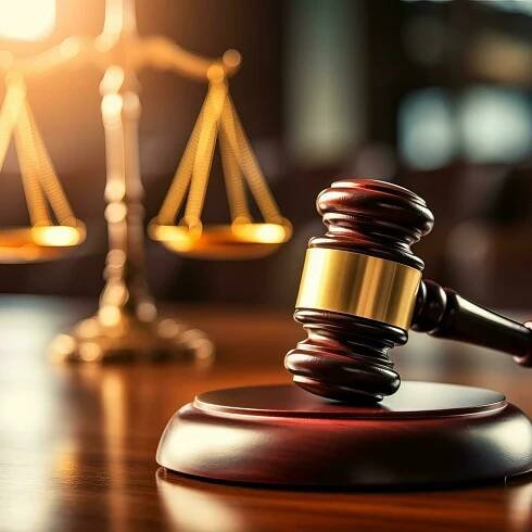 Gavel and scales of justice in a courtroom setting.