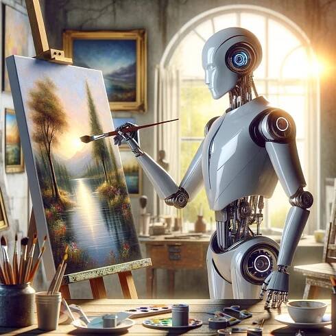 DALL·E 2024-04-22 10.10.00 - A futuristic robot with humanoid features and a sleek metallic body, using a traditional paintbrush to paint on a canvas. The setting is an artist’s s