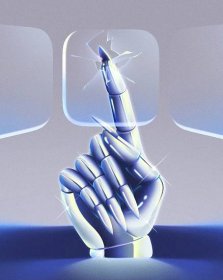 A robotic hand with long nails pressing with its index finger on a clear application for a smartphone app and shattering it as if it were glass