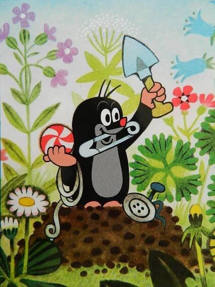 an image of a cartoon character digging in the ground with flowers and plants behind him