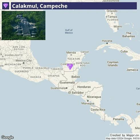 An informational image featuring a map and a photograph inset. The map highlights the location of Calakmul in the Mexican state of Campeche on the Yucatán Peninsula. A heart icon marks the specific spot. The inset photo shows an ancient Maya ruin, suggesting Calakmul's historical significance. The map includes parts of Mexico, Central America, and the southeastern coast of the United States, with major cities labeled. The image is marked with copyrights for Google and INEGI.