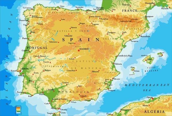  Magnetická mapa Španělska, geografická, barevná