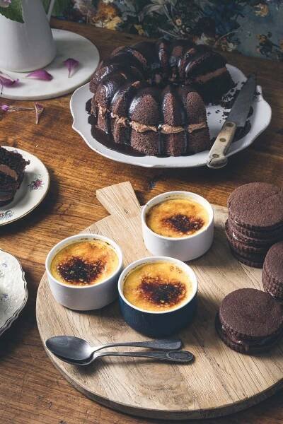 dessert, cake, sweet, chocolate cake, pouring, hand, vintage, wallpaper, botanical, flowers, books, old, desk, french, food photographer, new zealand food photographer, auckland food photographer, auckland food stylist, food stylist, creme brulee, cookies, sandwich, antique