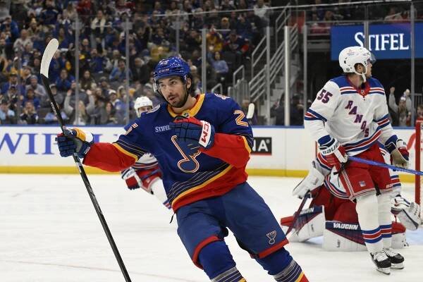 Jordan Kyrou celebrates his goal against the Rangers' during the Blues' win on Dec. 15.