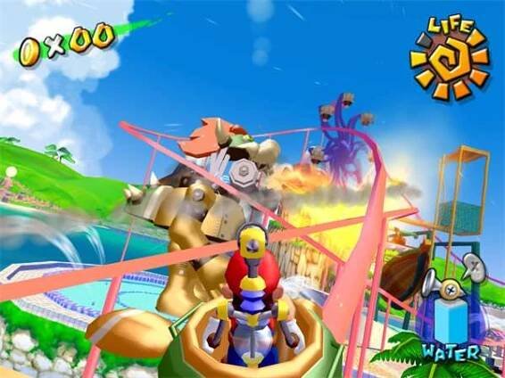  Super Mario Sunshine:  Musí tedy ostrov vyčistit. K tomu mu poslouží F.L.U.D.D, což je batoh naplněný vodou. Slouží nejen k čištění. Mario se díky němu může také vznášet a také dobře poslouží i jako zbraň.   IGDB 