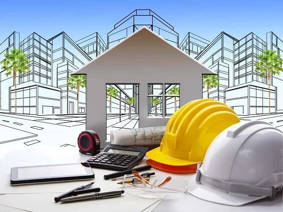 Pracovní stůl s stavební průmysl a inženýr architekt — Stock obrázek