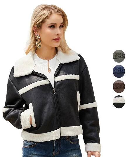 Dámské semišové bundy z umělé kůže Plyšová fleecová podšívka Klopa Zip Krátký kabát Dlouhé rukávy Větruodolná Teplá bomber bunda Volný střih Svrchní oděv
