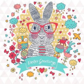 Stáhnout - Ohromující Velikonoční přání ve vektoru. Roztomilý králík v brýlích s prázdninovým vejcem v kreslených zábavných prvcích-mraky, srdce, kůň, sova, ptáci a motýli — Ilustrace
