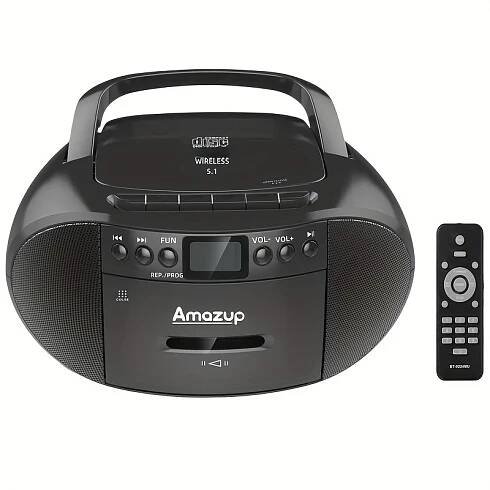 Portable CD Player Boombox with Dual Stereo Speakers, AM/FM Radio, AUX Input, Remote Controller - USB-Powered Cassette & Wireless Player for Home, Off