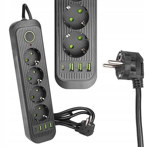 Prodlužovací Kabel zásuvková lišta 2 m 4 ZÁSUVKY UZEMNĚNÍ 4 x USB C ČERNÝ
