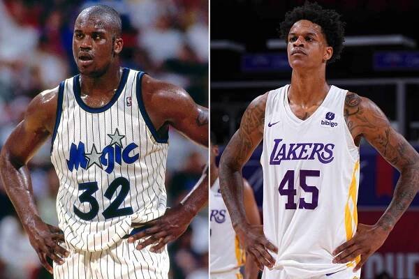 ORLANDO, FL - MARCH 16: Shaquille O'Neal #32 of the Orlando Magic looks on during a game played on March 16, 1994 at Orlando Arena in Orlando, Florida. NOTE TO USER: User expressly acknowledges and agrees that, by downloading and or using this photograph, User is consenting to the terms and conditions of the Getty Images License Agreement. Mandatory Copyright Notice: Copyright 1994 NBAE (Photo by Chris Covatta/NBAE via Getty Images); LAS VEGAS, NV - JULY 8: Shareef ONeal #45 of the Los Angeles Lakers looks on during the game against the Phoenix Suns during the 2022 Las Vegas Summer League on July 8, 2022 at the Thomas & Mack Center in Las Vegas, Nevada NOTE TO USER: User expressly acknowledges and agrees that, by downloading and/or using this Photograph, user is consenting to the terms and conditions of the Getty Images License Agreement. Mandatory Copyright Notice: Copyright 2022 NBAE (Photo by Garrett Ellwood/NBAE via Getty Images)