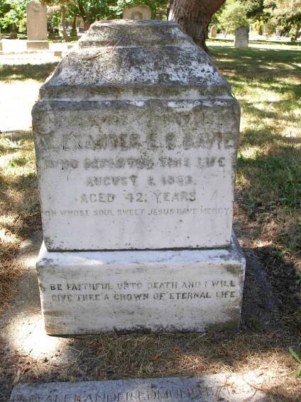 The base of the Alexander Edmund Batson Davie (1846-1889) grave, Ross Bay Cemetery. The grave has been damaged over the years. A feature, possibly a cross, which once stood on top of the base has since disappeared.