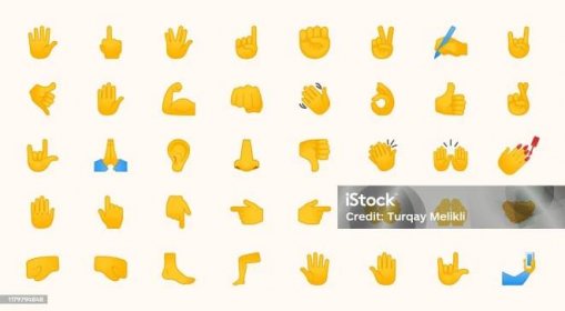 Ručně Emojis gesta Vektorové ikony set. Všechny typy ručních emotikonů, palec nahoru, dolů, paže, loket, tělocvična, sval, kolekce ilustrací nehtů - Bez autorských poplatků Emotikon vektorové obrázky