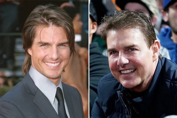 Tom Cruise, left, as his usual fresh-faced self and the contrast he exhibited at a recent basketball game.