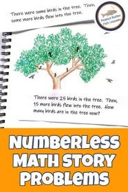 Pinnable cover for blog post Numberless Math Story Problems showing a problem and a drawing depicting the problem.