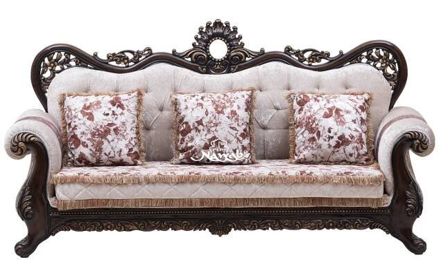 Wallnut pu polish solid wooden teak with carving velvet pattern fabric