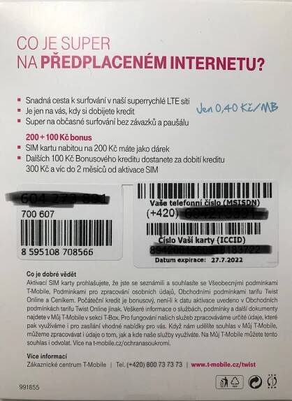 Datová SIM karta T-Mobile 500MB 200Kč kredit