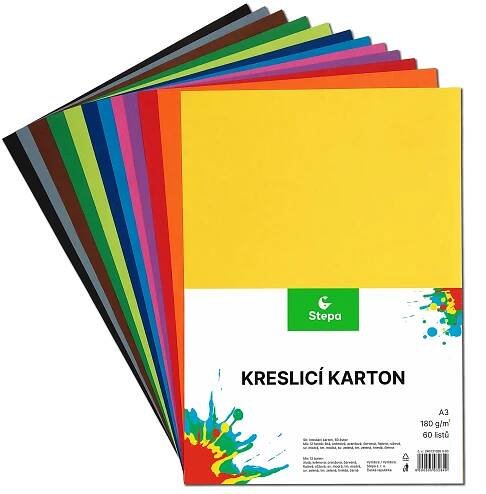 Kreslicí karton barevný A3 - 180g - 60 ks - 12 barev