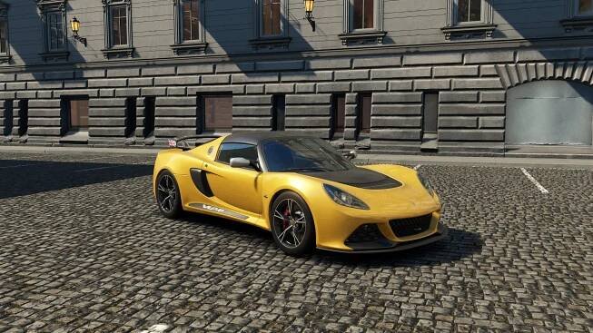 A yellow Lotus Exige V6 Cup with a city skyline behind, featured in Assetto Corsa EVO Release 0.2. Lightweight and razor-sharp, it's a dedicated performance machine for serious enthusiasts.