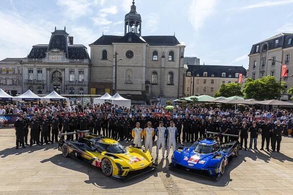 LE MANS, FRANCE - JUNE 7: #2 Cadillac Racing (USA) Cadillac V-Series.R (HY) - Earl Bamber (NZL) /Alex Lynn (GBR) /Alex Palou (ESP) - #3 Cadillac Racing (USA) Cadillac V-Series.R (HY) - Sébastien Bourdais (FRA) / Renger Van Der Zande (NDL) / Scott Dixon (NZL) during the 92nd edition of the Le Mans 24 Hours, 4th round of the 2024 FIA WEC World Endurance Championship, Technical and Administrative Inspection (Pésage/Scrutineering), Place de la République, June 07 2024 in Le Mans, France. (Photo by Kristof Vermeulen/Eurasia Sport Images/Getty Images)
