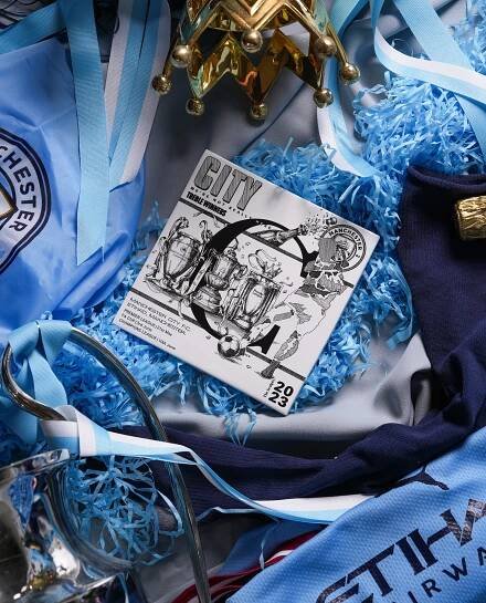 Manchester City Treble Tile with trophies and flags