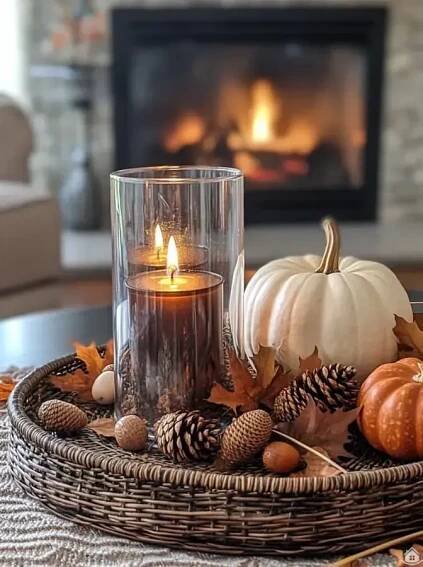a wicker tray with candles and pine cones on it in front of a fireplace