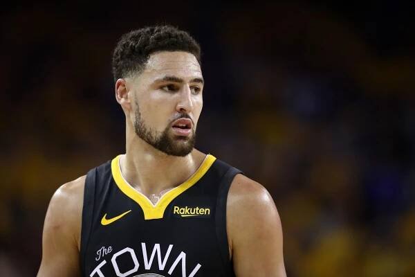 Klay Thompson of the Golden State Warriors reacts during Game 6 of the 2019 NBA Finals against the Toronto Raptors.