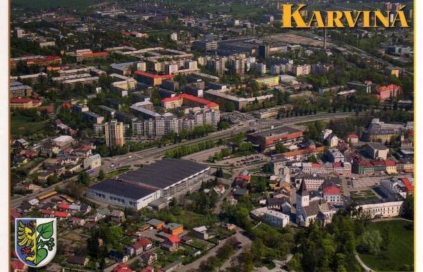 město Karviná - letecký pohled, erb - Pohlednice místopis
