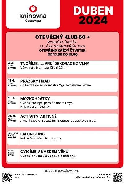 OTEVŘENÝ KLUB 60+ | 28. března 2024 od 13.00 | Městská knihovna Česká Lípa